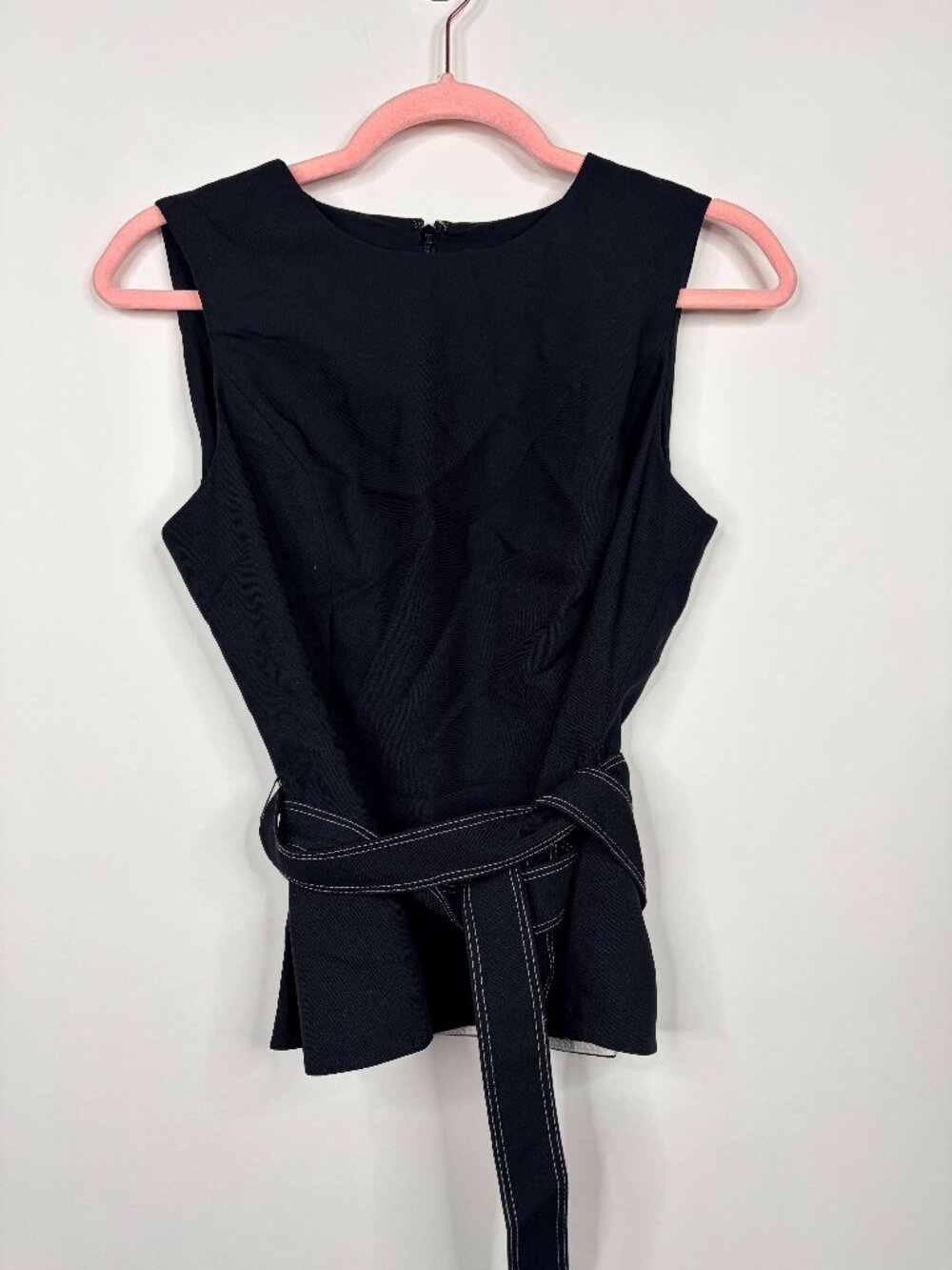 White House Black Market Belted Sleeveless Top Back-Zip Black 4 #A3942 - Picture 2 of 8